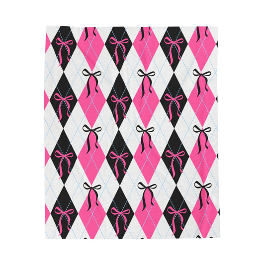 Chic  Pink and Black Bow Argyle Blanket