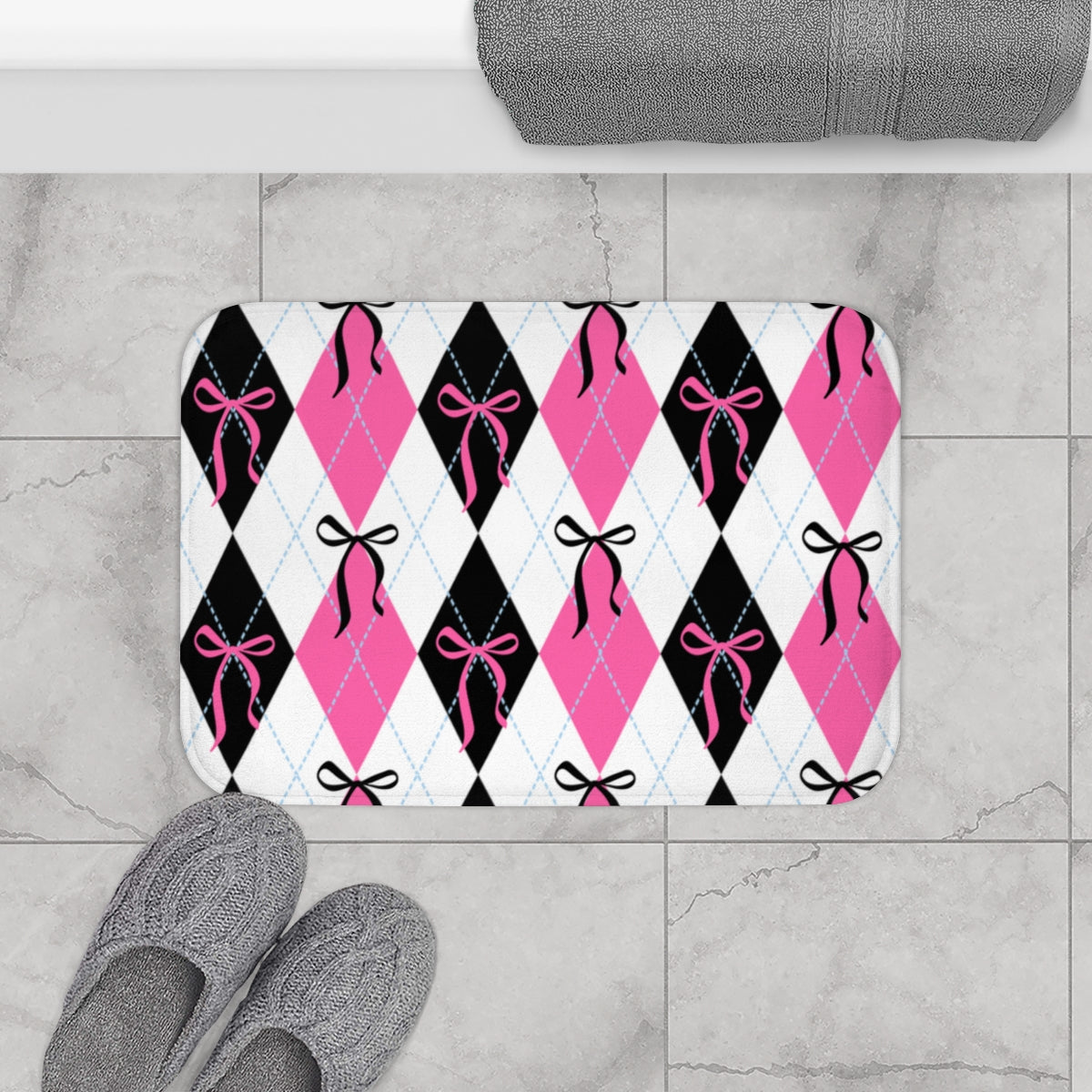 Chic Pink and Black Bow Argyle Bath Mat